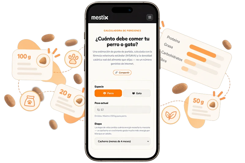 La calculadora de porciones de Mestix en un celular, con tarjetas de gramos de comida alrededor